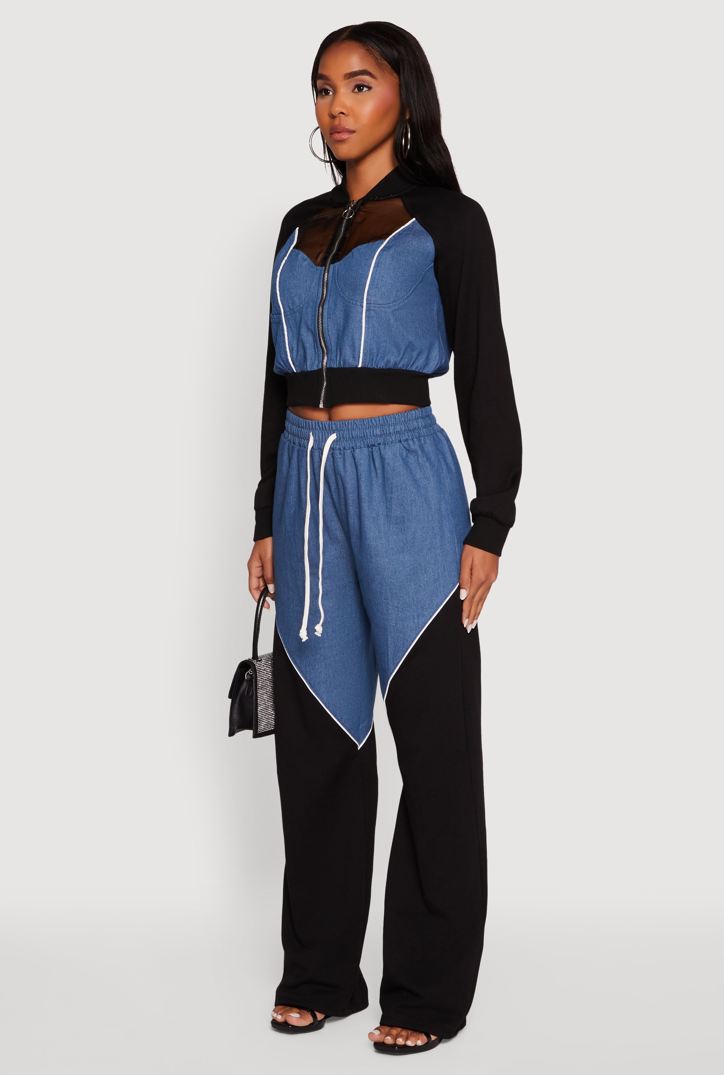 Color Block Sheer Insert Bustier Detail Bomber Jacket